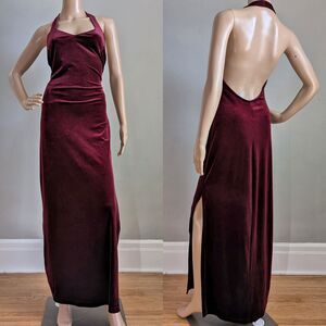 Vintage 90s Maurices Red Velvet Halter Dress Maxi Slit Whimsygoth Siren Size 8